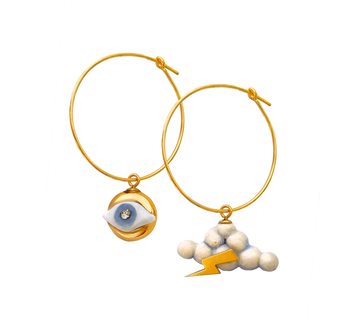 2. SCULP Eye in the Sky earrings featuring handcrafted ceramic design with 24K gold lustre and sterling silver hoops, studio shot