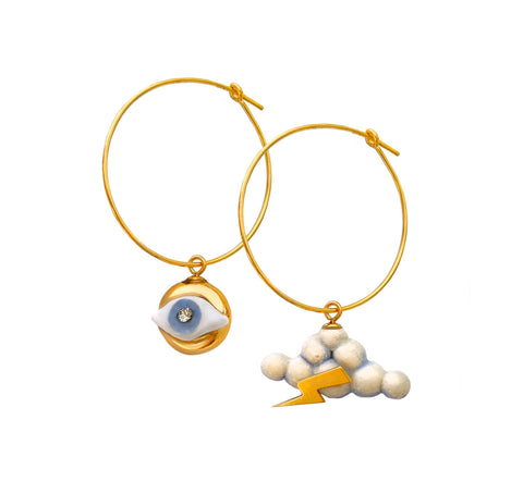 2. SCULP Eye in the Sky earrings featuring handcrafted ceramic design with 24K gold lustre and sterling silver hoops, studio shot