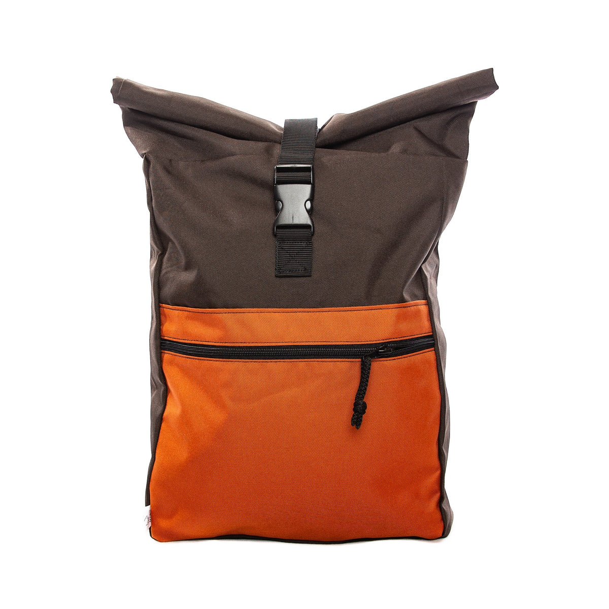 1. Drinbags CAKE waterproof backpack in brown and orange with roll-top closure, shown in studio