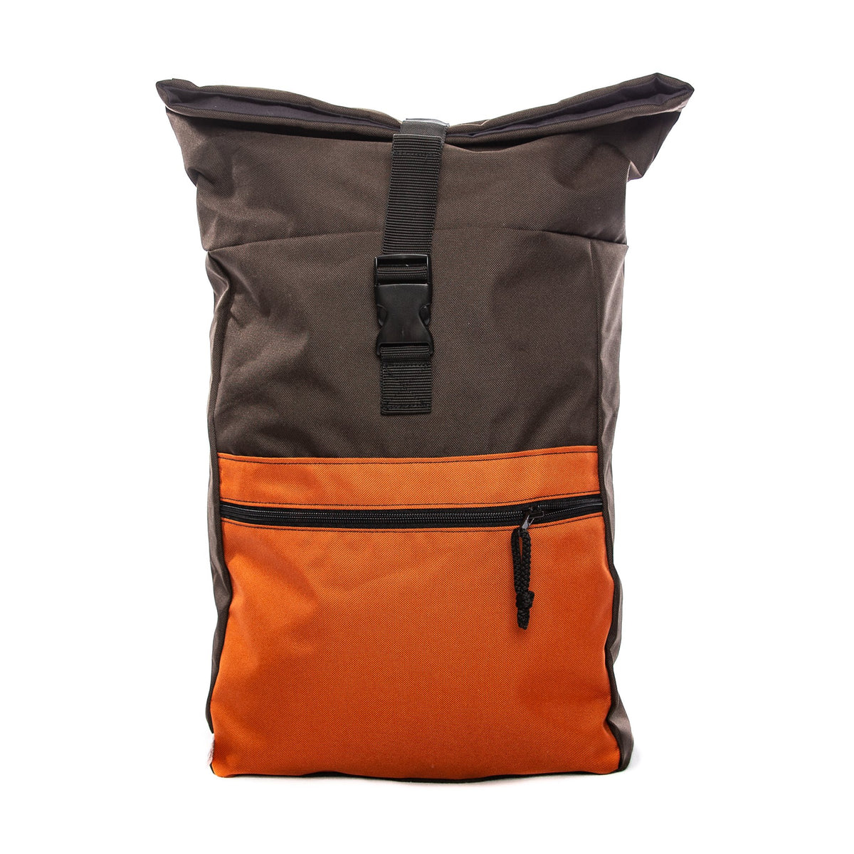 2. Front view of Drinbags CAKE waterproof backpack in brown and orange, featuring zippered pocket