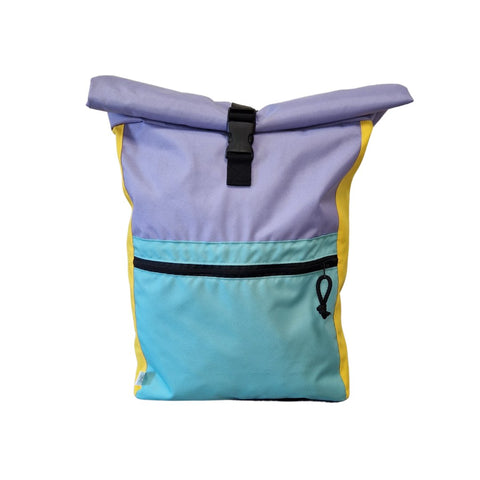 1. Drinbags CRAZY COLORS waterproof backpack in purple, blue, and yellow with roll-top closure and front zippered pocket, studio shot