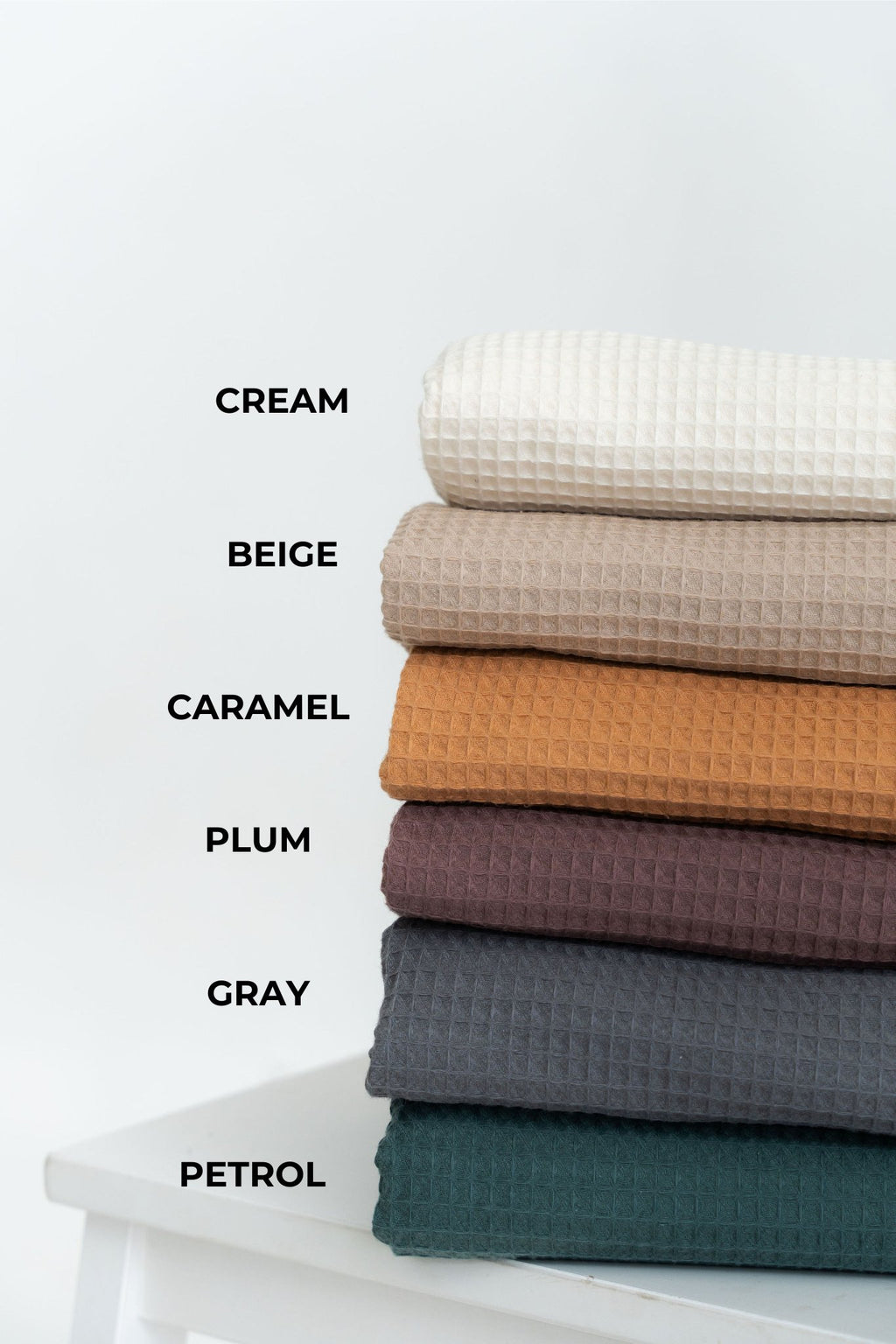 5. Size chart for spa wrap towels showing color options: cream, beige, caramel, plum, gray, petrol