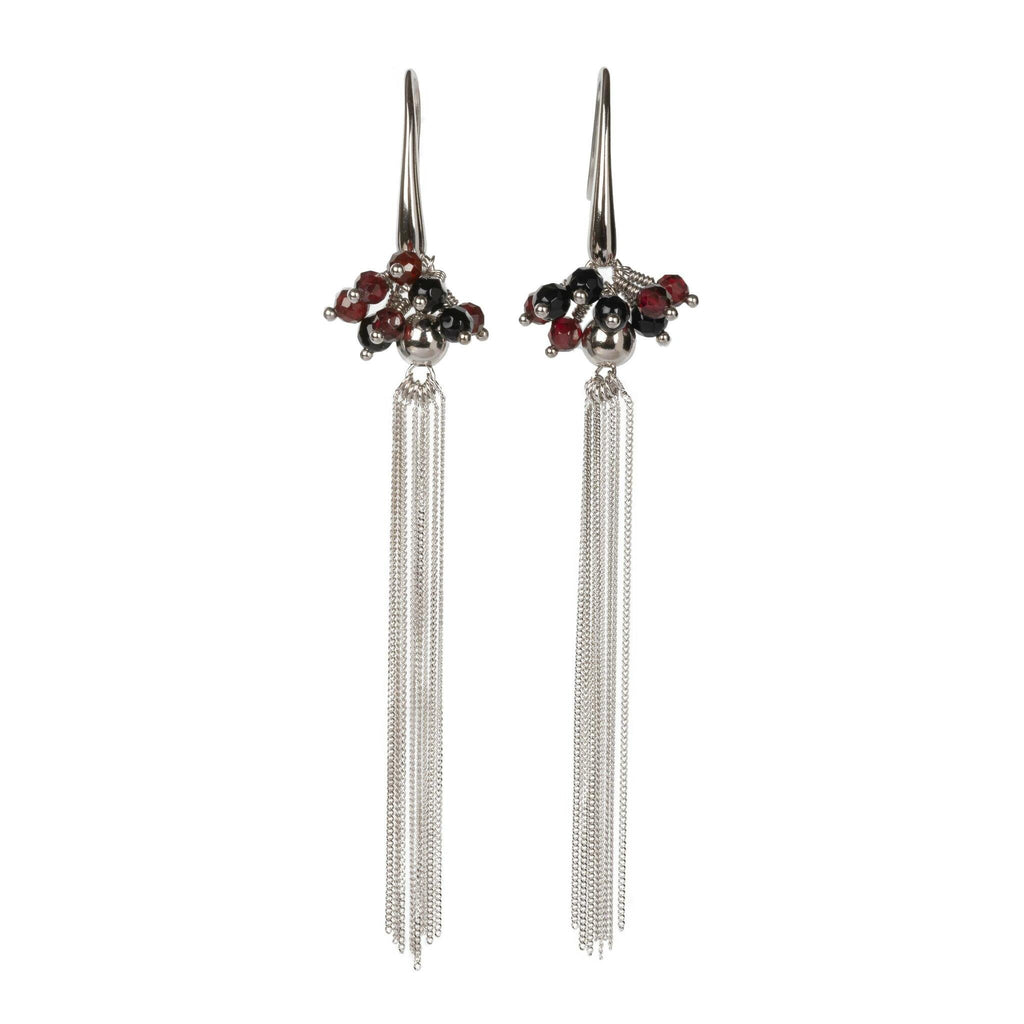 1. MyaMoon Cherie black tassel earrings in silver plating with retro pearl clusters, studio shot