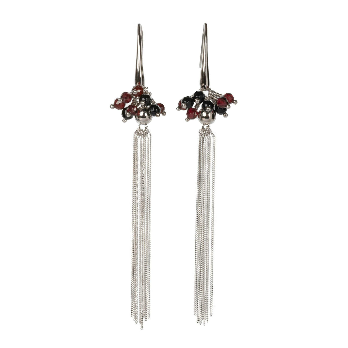 1. MyaMoon Cherie black tassel earrings in silver plating with retro pearl clusters, studio shot