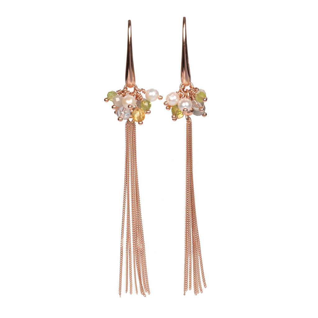 3. MyaMoon Cherie Color Tassel Earrings in rose gold with garnet and onyx pearl clusters, studio shot