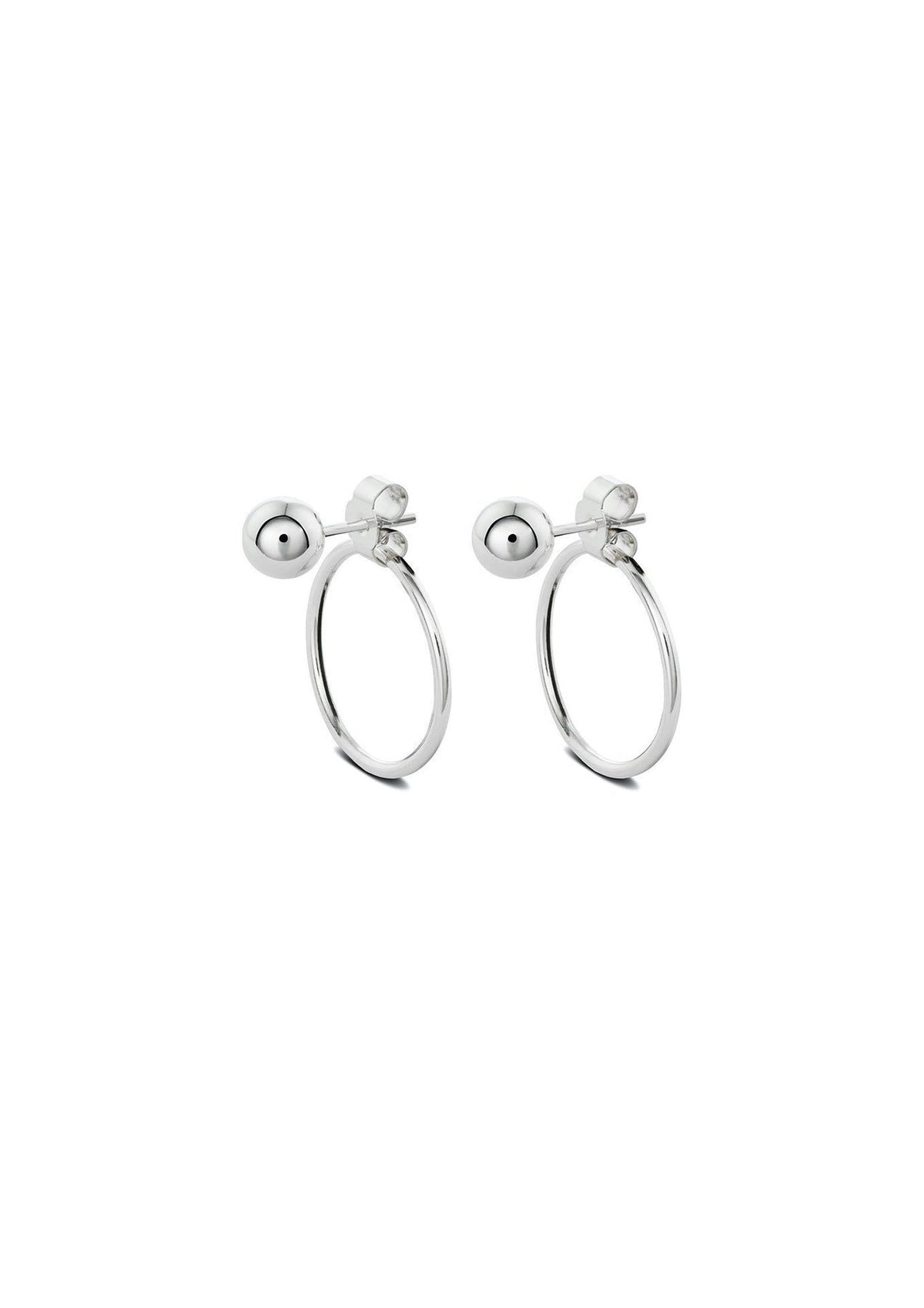2. Studio image of NO MORE Chord Earrings in sterling silver, featuring ball and circle design with push-back clasps