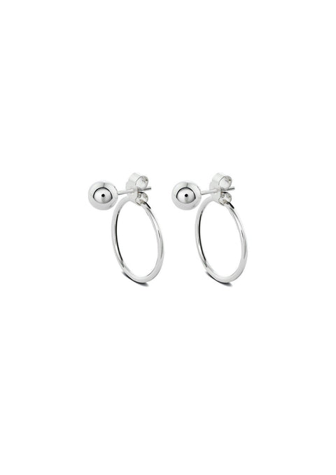 2. Studio image of NO MORE Chord Earrings in sterling silver, featuring ball and circle design with push-back clasps