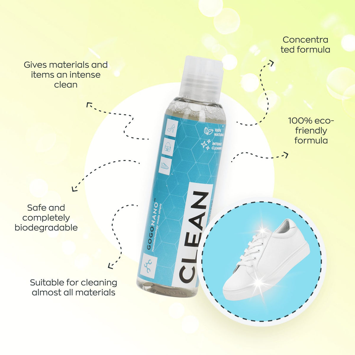 5. GoGoNano shoe cleaner gel bottle with infographic highlighting eco-friendly features