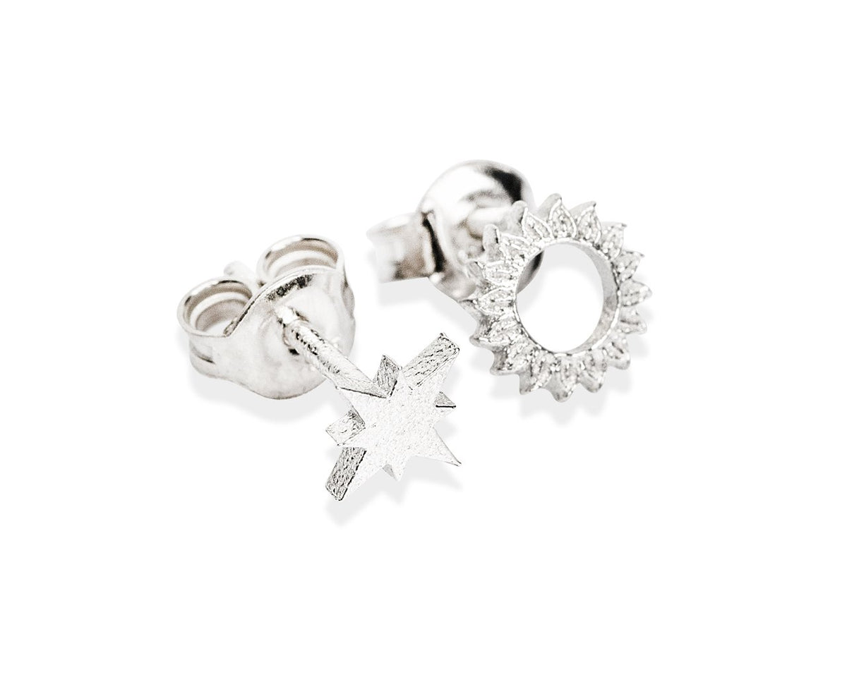 3. Silver Celestial Sun Stud Earrings by New Vintage by Kriss, shown in close-up