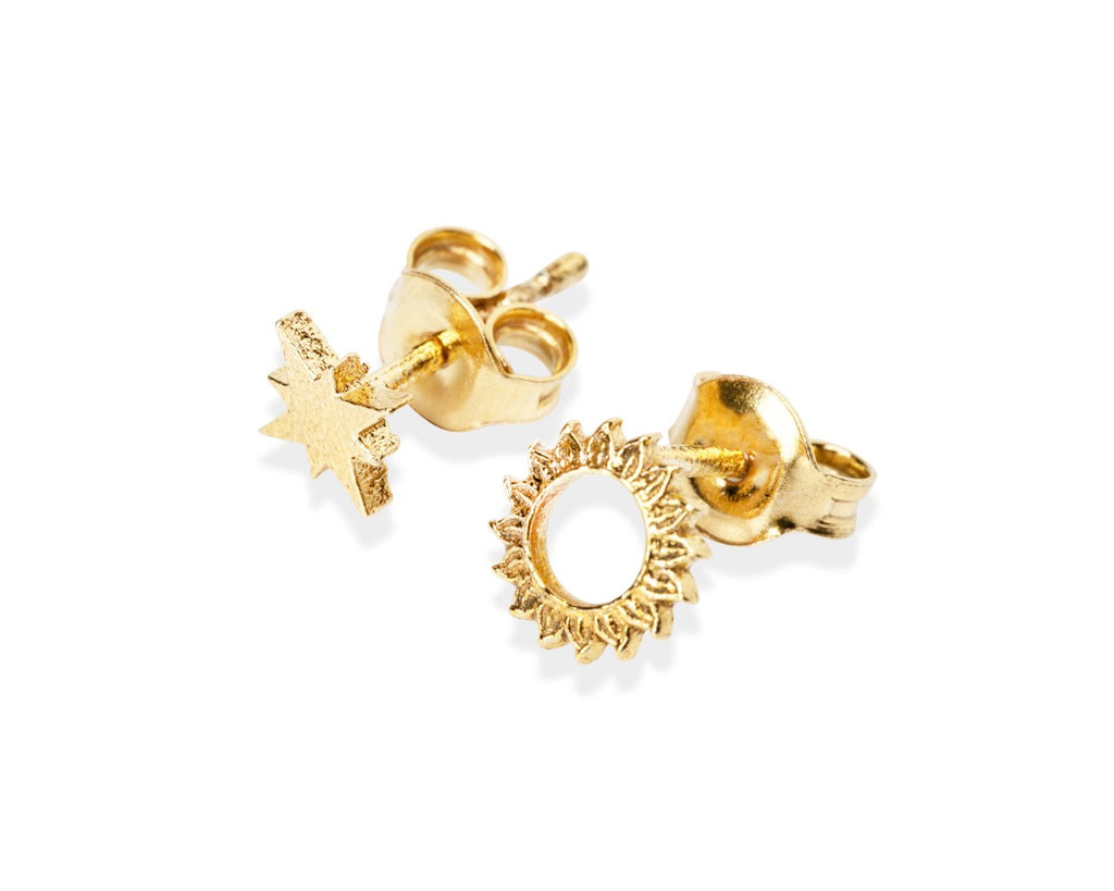 2. Gold plated Celestial Sun Stud Earrings by New Vintage by Kriss, shown in close-up