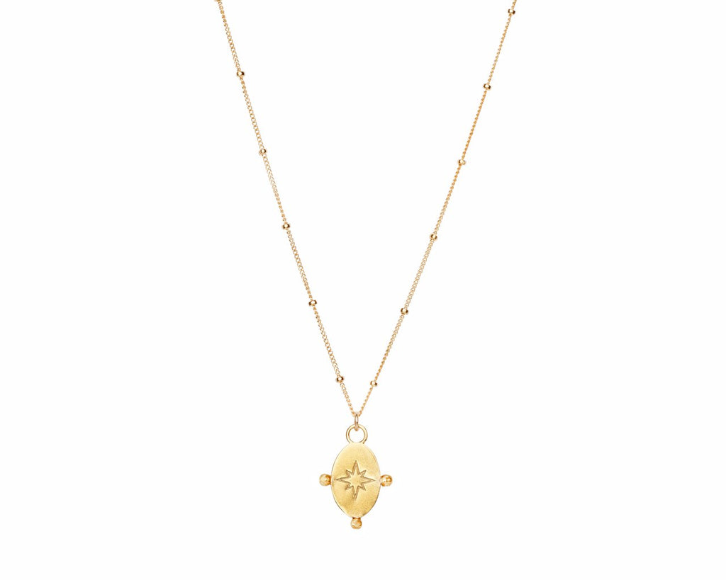 3. Studio image of Morning Star Necklace in gold by New Vintage by Kriss, featuring a gold-plated pendant and satellite ball chain
