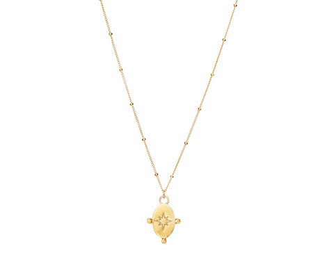 3. Studio image of Morning Star Necklace in gold by New Vintage by Kriss, featuring a gold-plated pendant and satellite ball chain