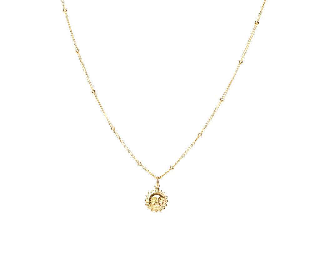 3. Studio image of the Shine Bright Necklace with gold-filled Satellite Ball chain and Sun charm by New Vintage by Kriss