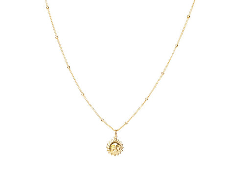 3. Studio image of the Shine Bright Necklace with gold-filled Satellite Ball chain and Sun charm by New Vintage by Kriss
