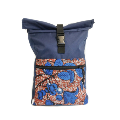 4. Drinbags DARK CHERRY waterproof backpack with roll-top closure and blue floral pattern, shown in studio