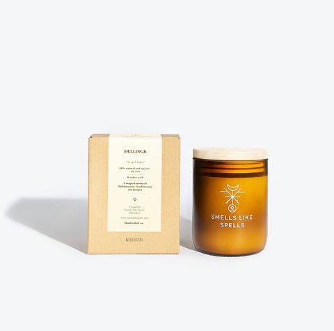 3. Smells Like Spells DELLINGR candle with packaging, amber glass jar and wooden lid, studio shot