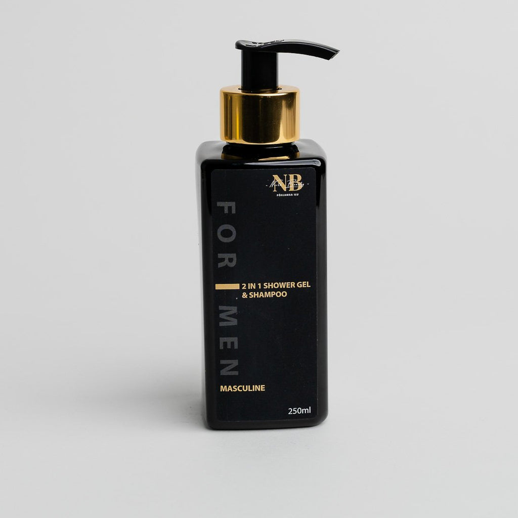 4. Studio image of North Beauty 2 in 1 shower gel and shampoo for men, 250ml, highlighting masculine design
