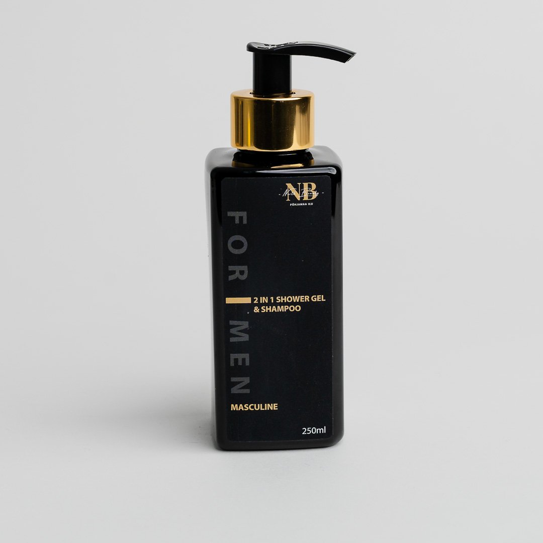 4. Studio image of North Beauty 2 in 1 shower gel and shampoo for men, 250ml, highlighting masculine design