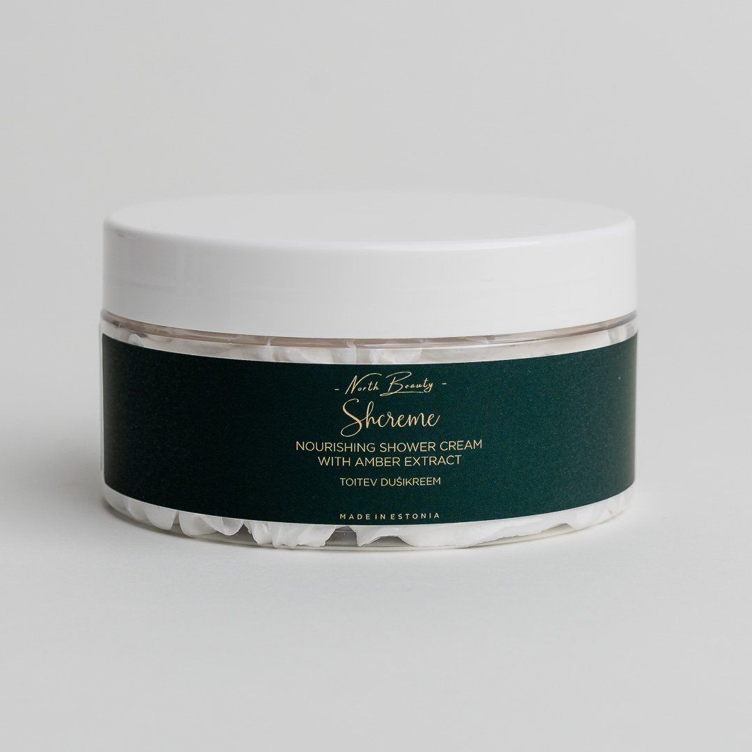 6. North Beauty Nourishing Shower Cream with Amber Extract, studio shot of closed jar