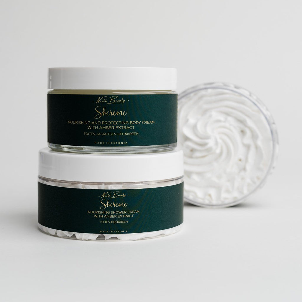 3. North Beauty Nourishing Shower Cream and Body Cream with Amber Extract, studio shot of two jars