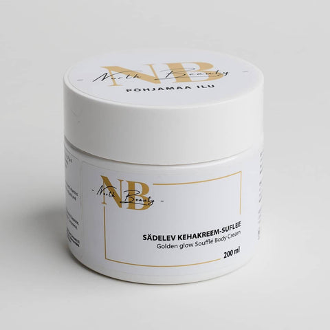 3. Studio shot of North Beauty Golden Glow Body Cream Soufflé jar, 200ml, with branding and product details