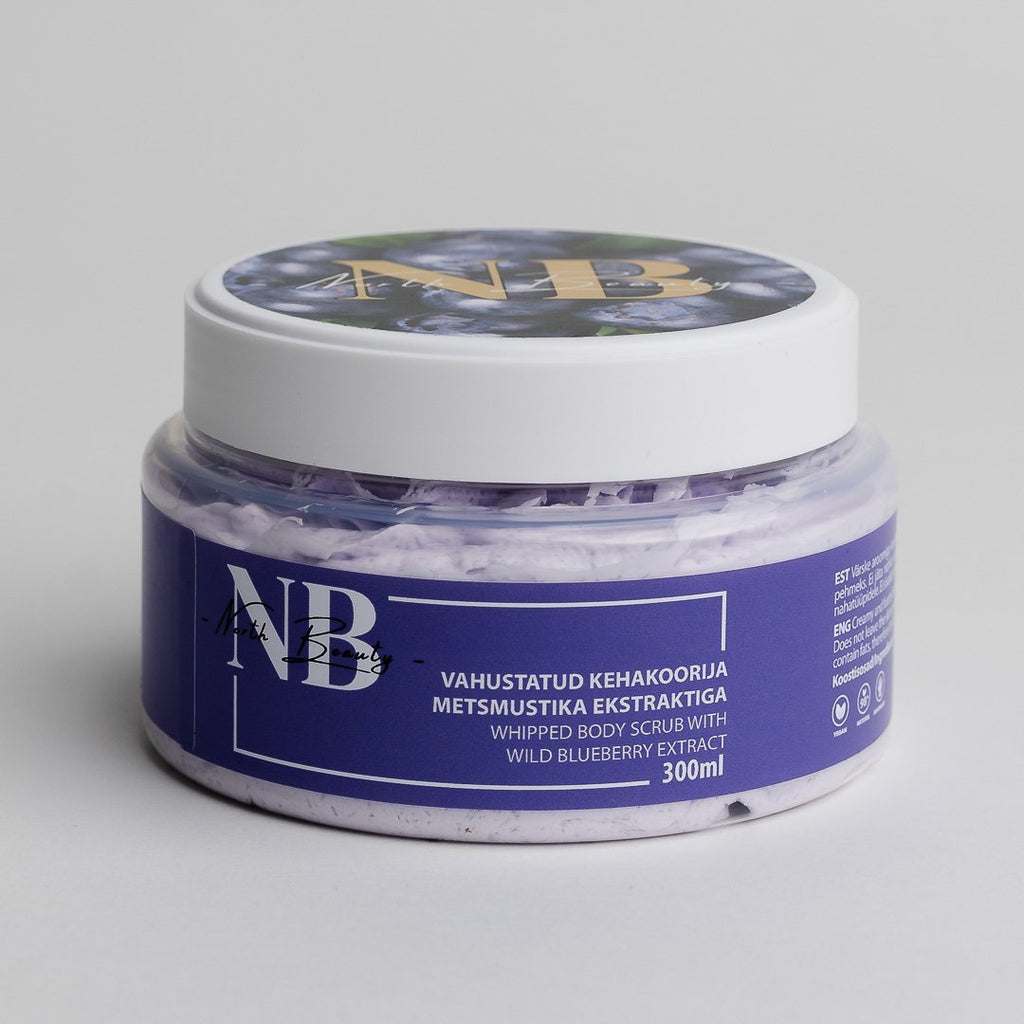 5. North Beauty Whipped Sugar Body Scrub with Blueberry, 300 ml, showing product label and NB logo on lid