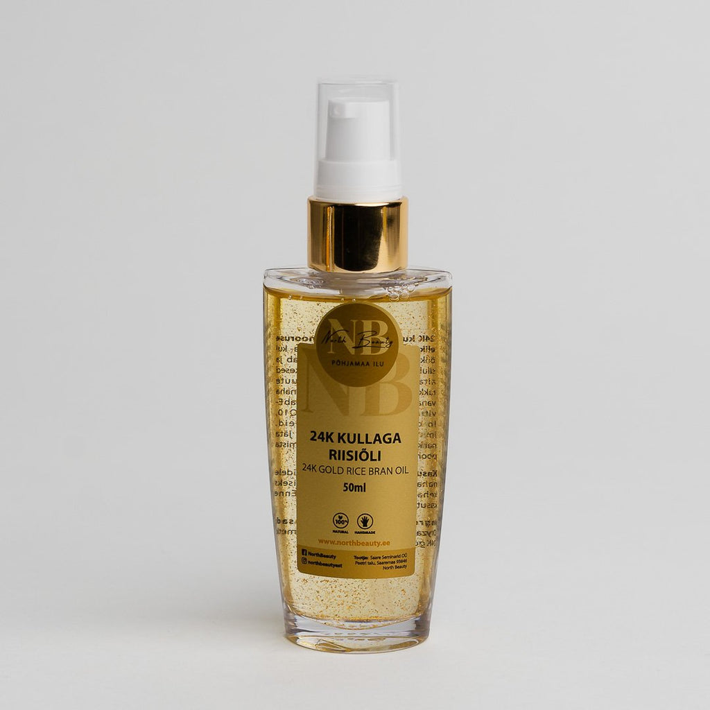 2. Studio shot of North Beauty 24K Gold Rice Oil 50ml with clear label and gold accents