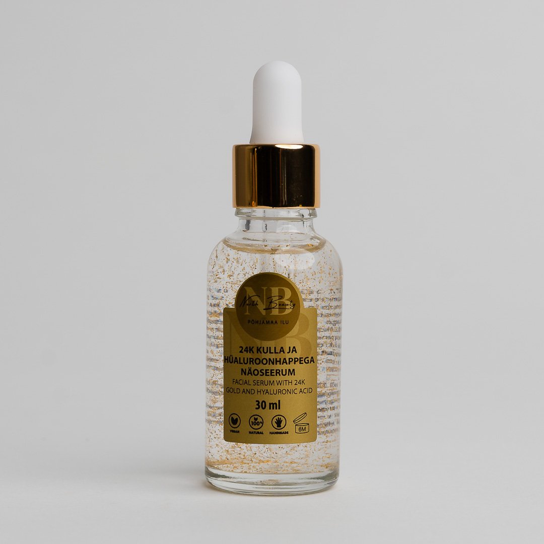 1. North Beauty 24K Gold and Hyaluronic Acid Face Serum, 30ml, in studio setting