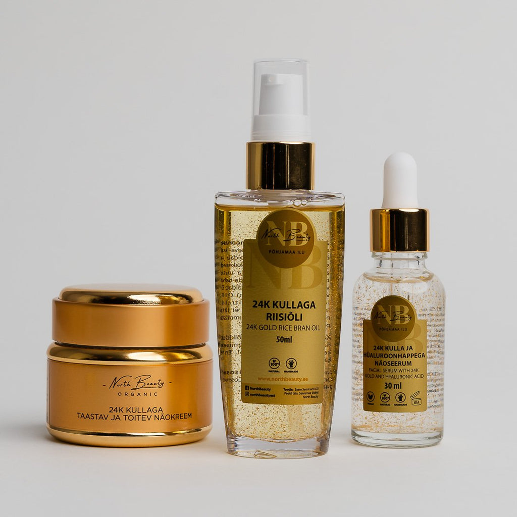 3. North Beauty skincare set featuring 24K Gold Face Serum, Rice Bran Oil, and Face Cream