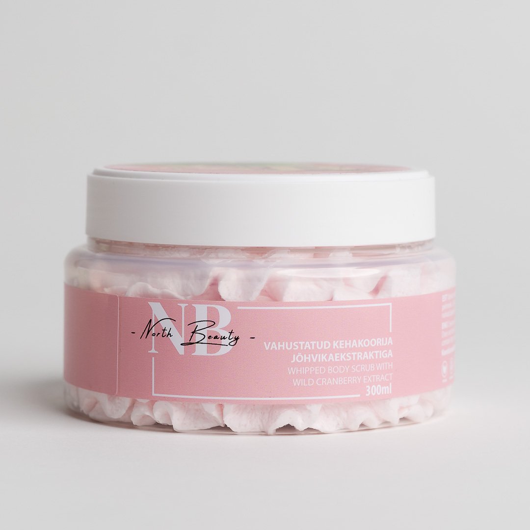 3. North Beauty Whipped Body Scrub with Cranberry, 300ml jar with pink label and branding