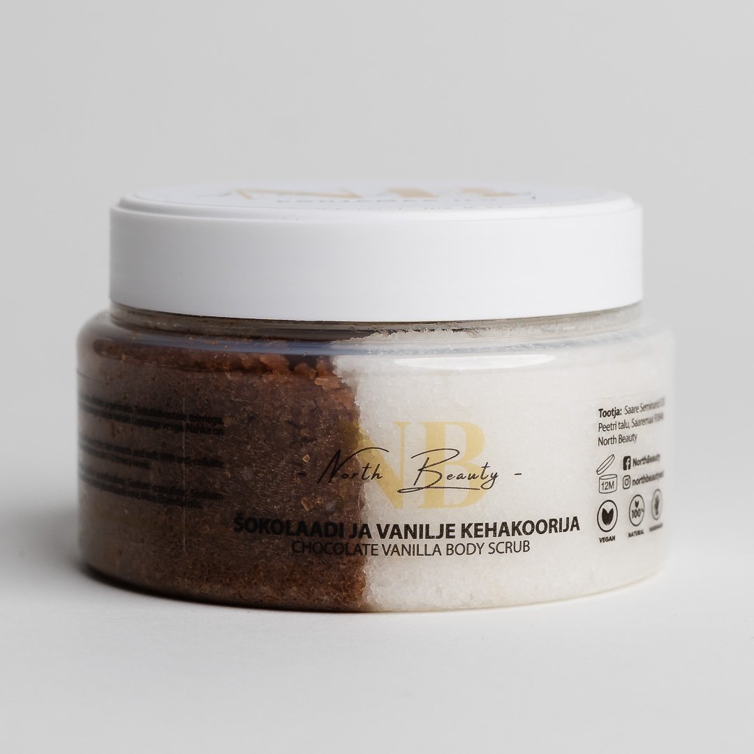 3. North Beauty Chocolate and Vanilla Body Scrub jar with bilingual label, studio shot