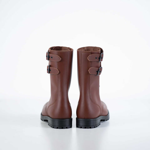 2. Back view of unisex Tarkovsky Boots in light brown leather, showcasing dual buckle detail, studio setting
