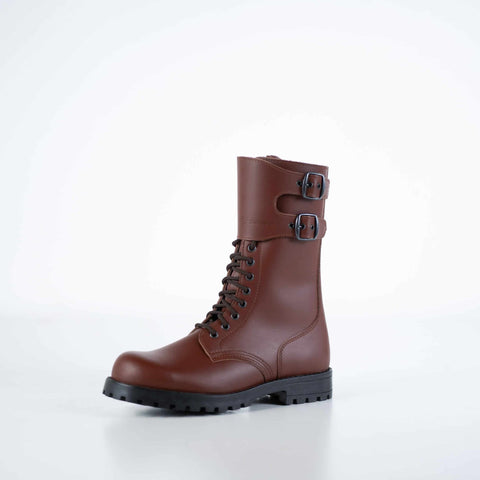 4. Front angled view of unisex Tarkovsky Boots in light brown leather, featuring lace-up and buckle design, studio setting