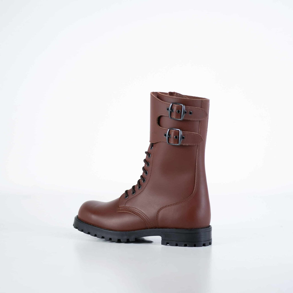 3. Unisex Tarkovsky Boots in light brown leather, angled side view highlighting lace-up and buckle features, studio setting