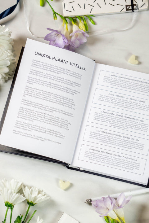 4. Open Get (sh)it done #Produktiivsuspäevik planner showing goal-setting pages, with floral accents