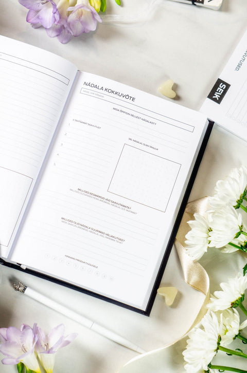 1. Open Get (sh)it done #Produktiivsuspäevik planner with daily productivity pages, surrounded by flowers