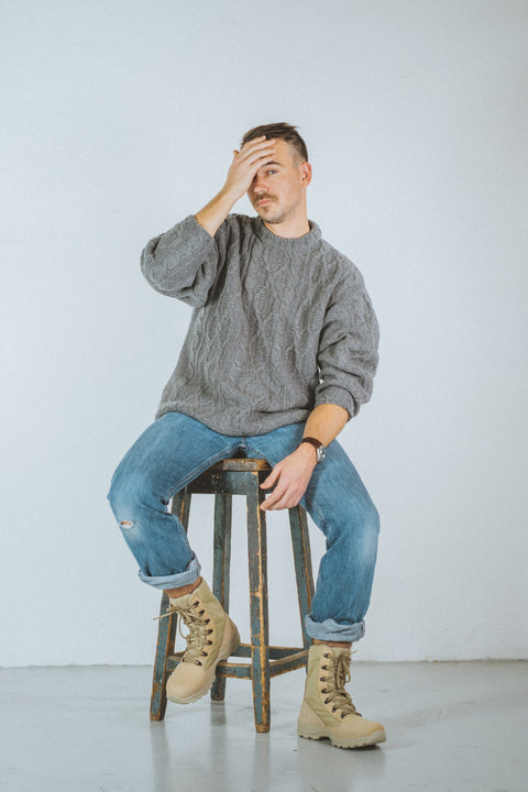 1. Men's beige Samelin 598 Desert Boots styled with jeans, shown in lifestyle setting