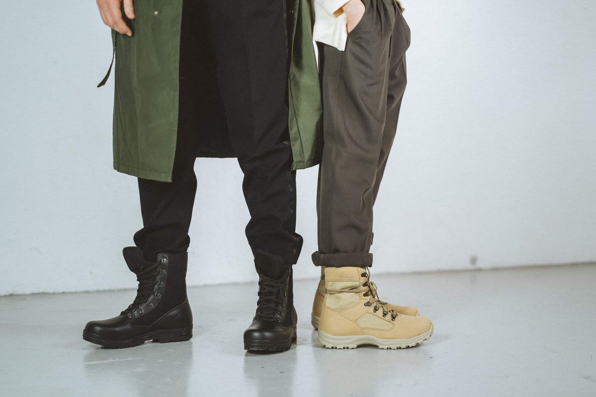 2. Men's black and beige Samelin 598 Desert Boots Davos worn by models in studio setting