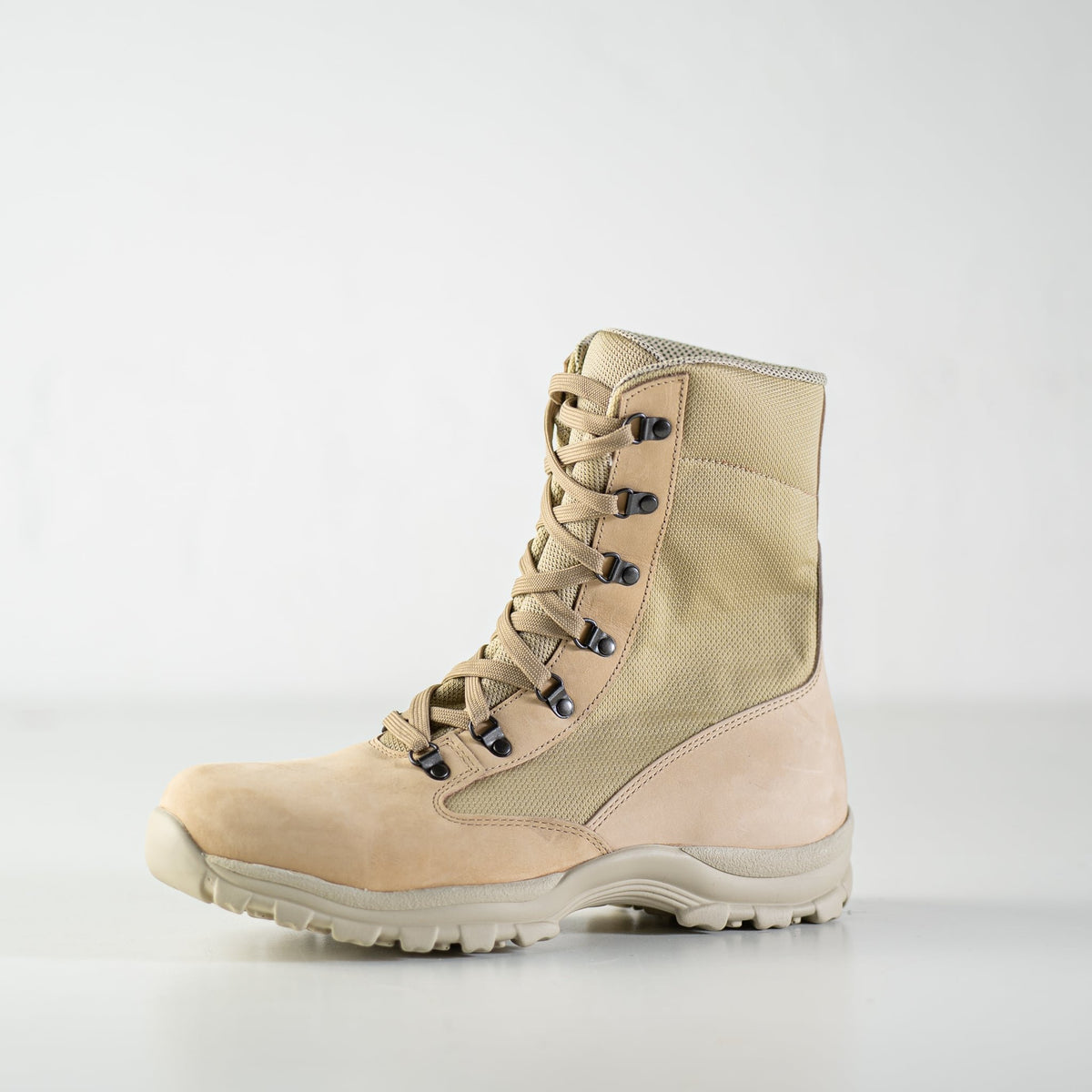 3. Studio shot of beige Samelin 598 Desert Boots, side view showing nubuck leather and textile upper