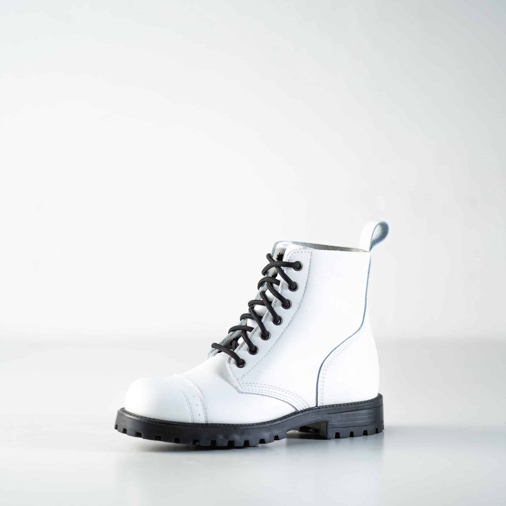 4. Studio shot of Samelin 517 Aviator Boots in white, showing side profile with black laces and rugged sole