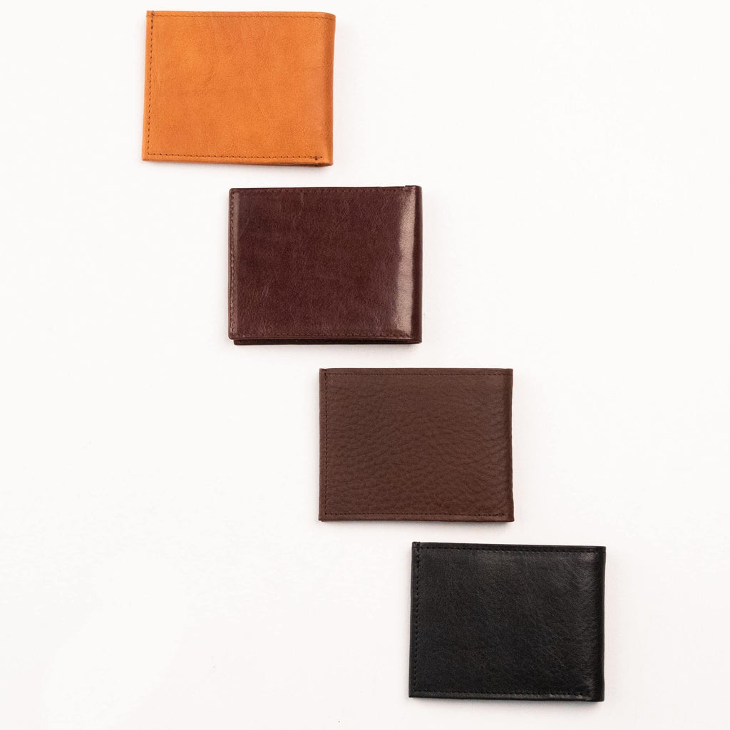 1. Papillon Leather Wallet No. 21 in Bordeaux, Cognac, Dark Brown, and Black, shown in a flat lay arrangement