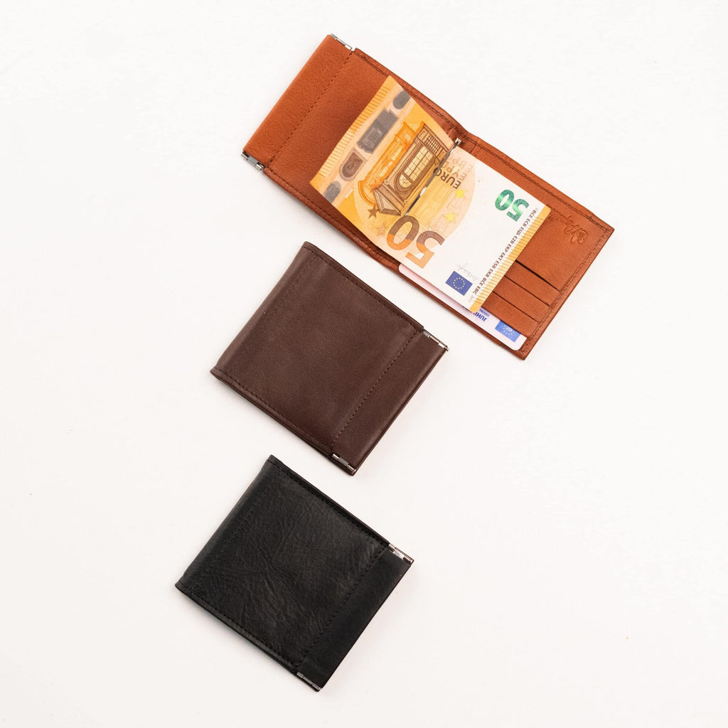 1. Papillon Wallet No. 35 in cognac, dark brown, and black leather, shown open with money clip and card slots