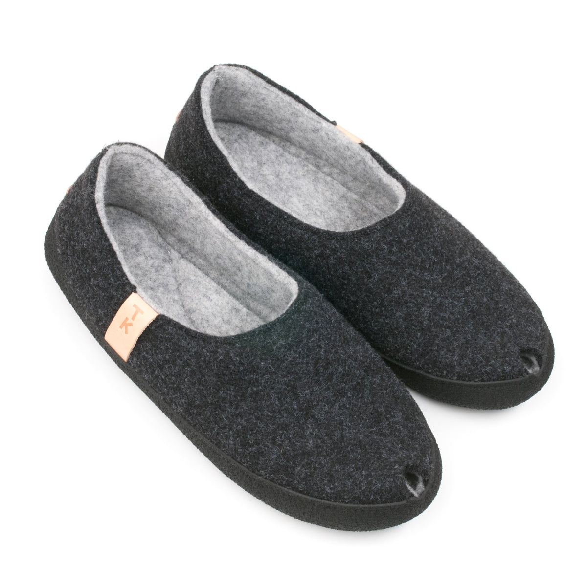 4. Pair of TOKU Budapest slippers in dark grey, studio shot highlighting natural lambswool felt material