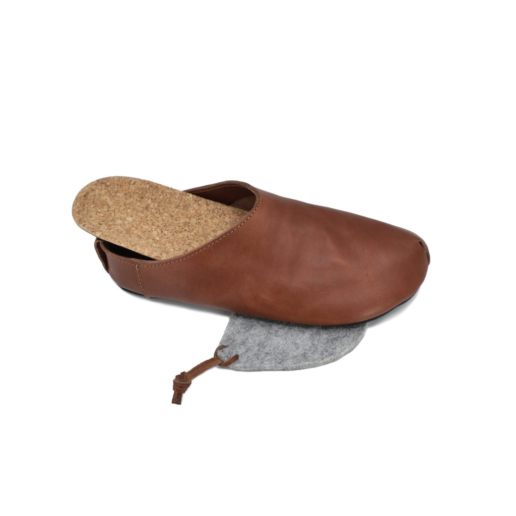 4. Pair of Kyoto brown slippers by Omaking, showing natural cork insole and minimalist design