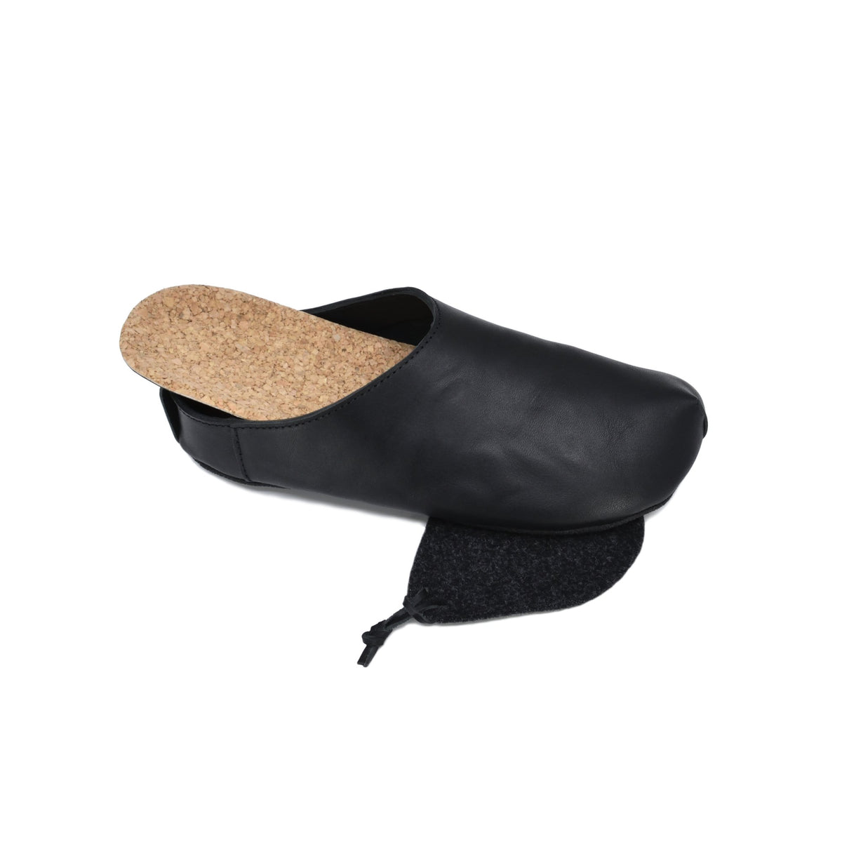 4. Pair of Kyoto black slippers by Omaking, top view showing natural cork insole and vegetable-tanned leather