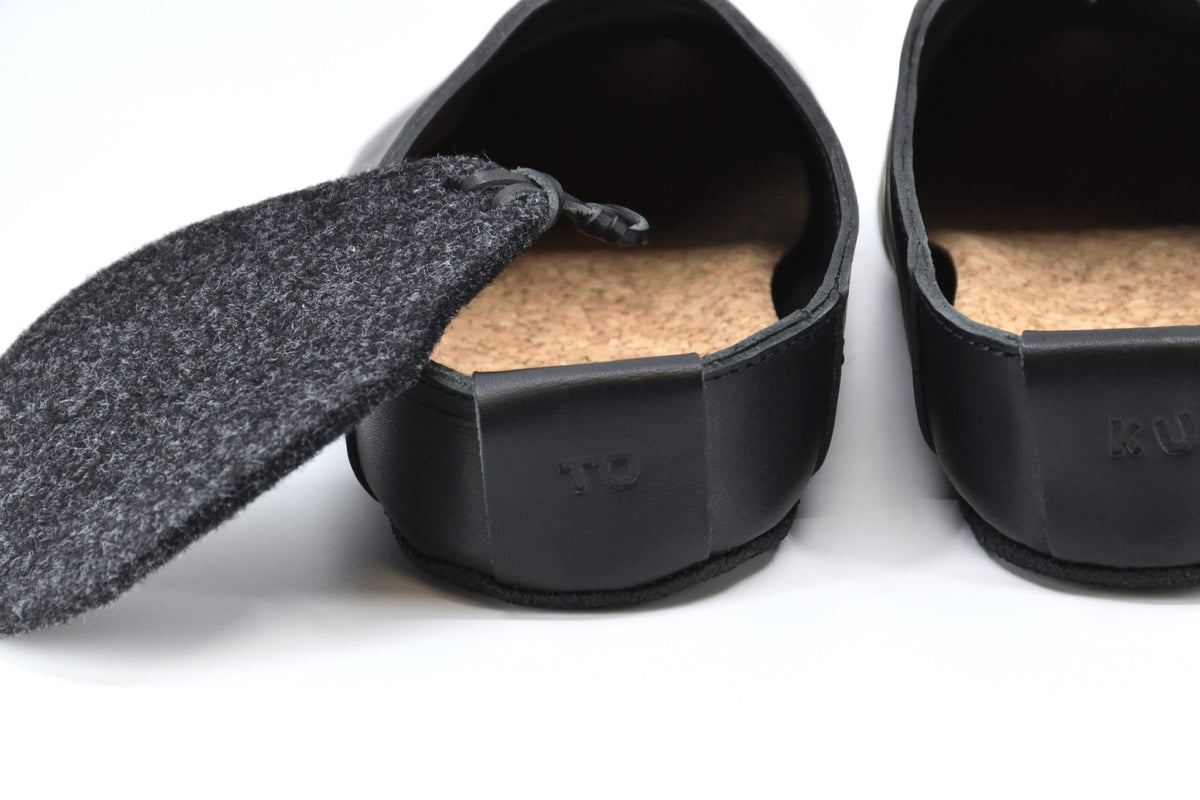 5. Close-up of Kyoto black slipper by Omaking, highlighting cork insole and removable insert