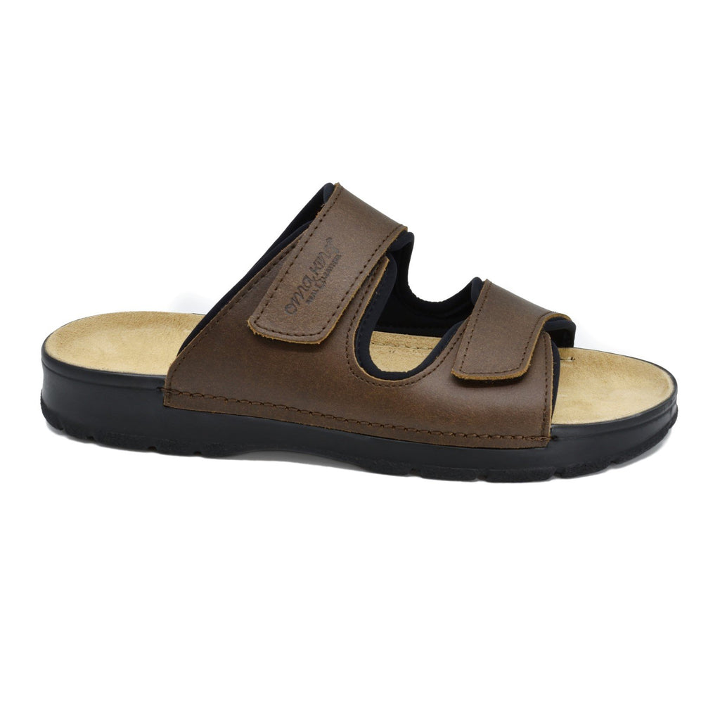 6. Studio shot of Madise Sandals in brown by OmaKing, side view showing velcro straps