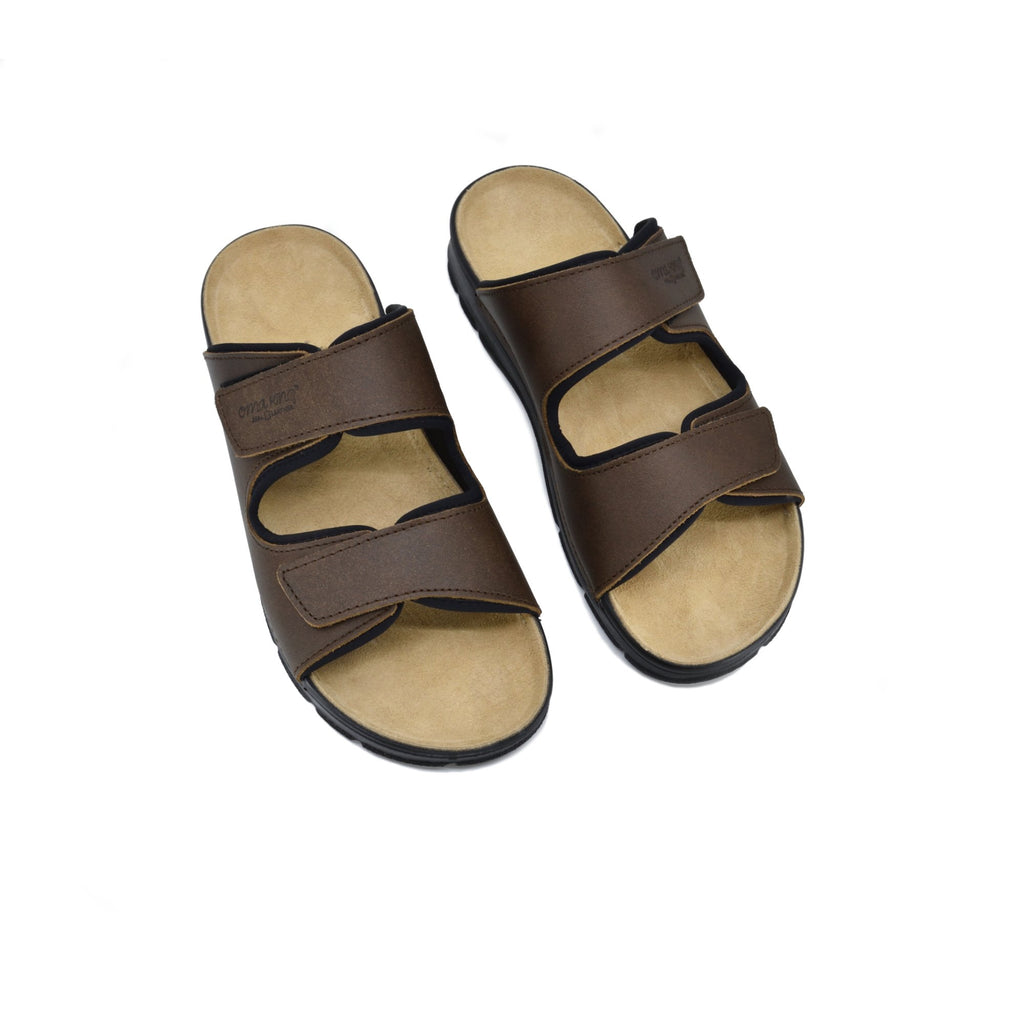 7. Top view of Madise Sandals in brown by OmaKing, showing adjustable velcro straps