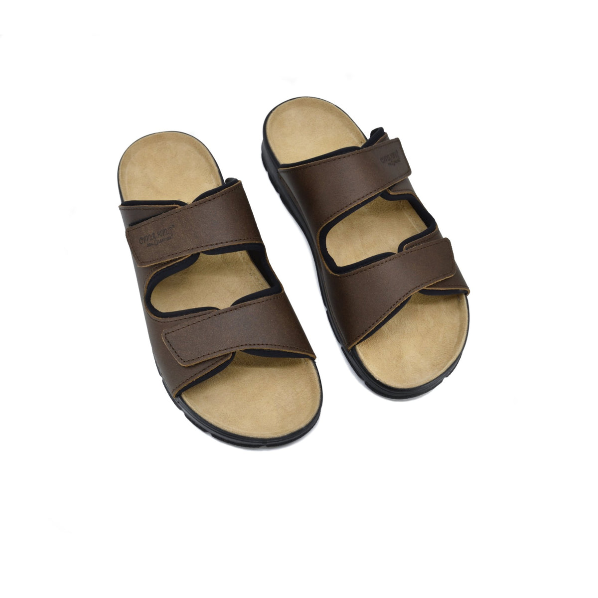 7. Top view of Madise Sandals in brown by OmaKing, showing adjustable velcro straps