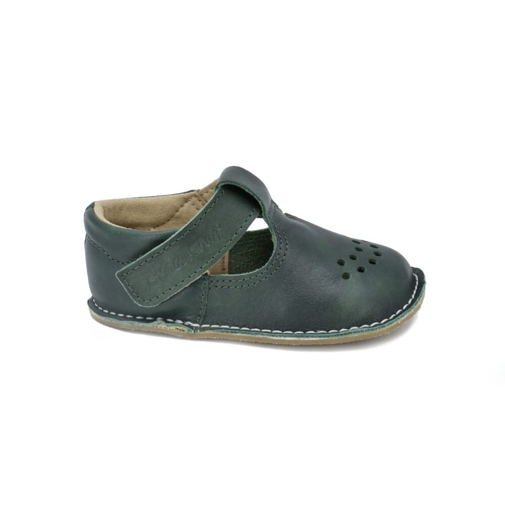 2. Single dark green Lusti leather kids' shoe by Omaking with Velcro fastener, studio shot